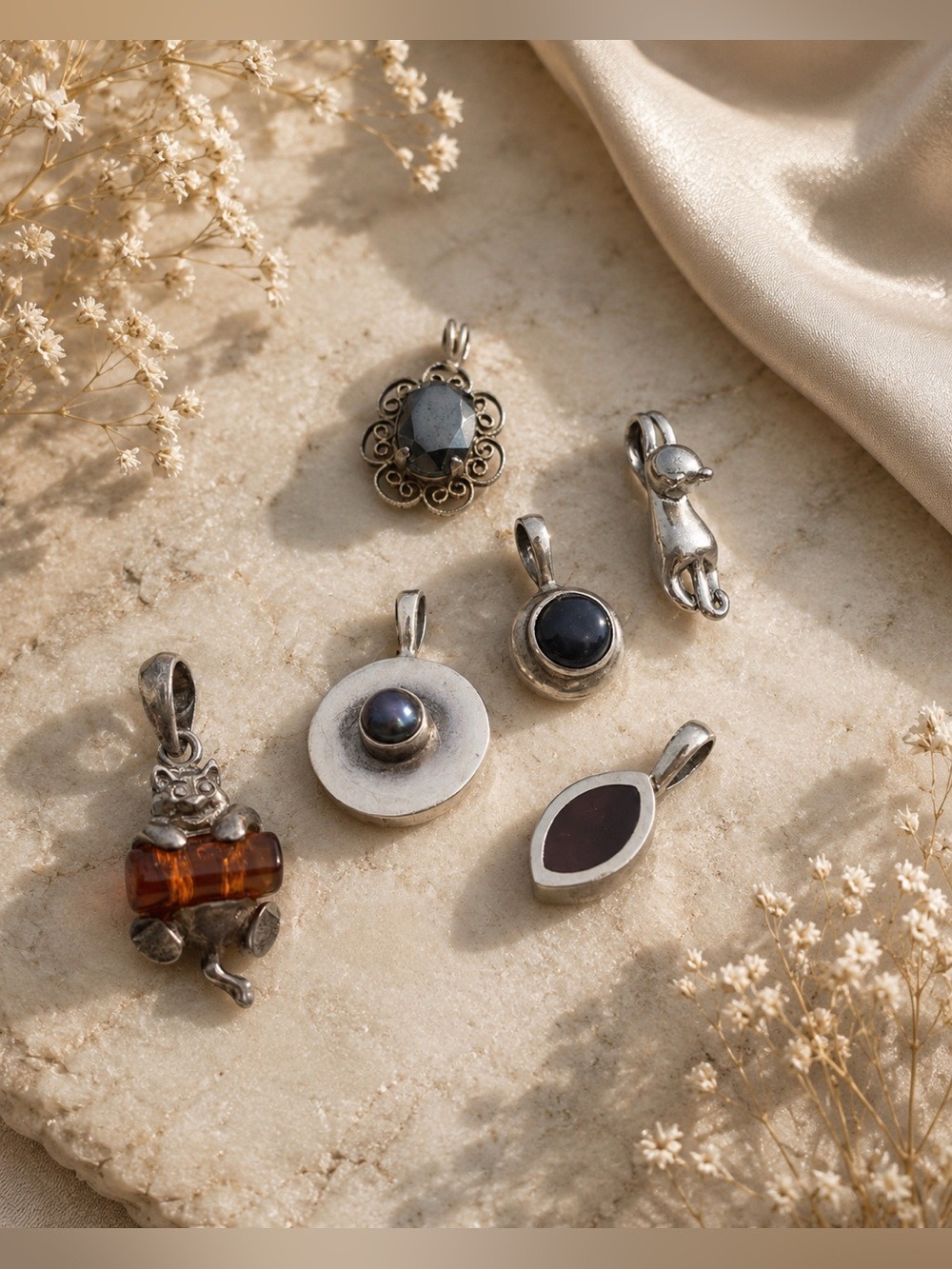 Sterling Silver Pendant Lot Amber Cat Black Pearl Cats Eye Artisan Vintage 6pc